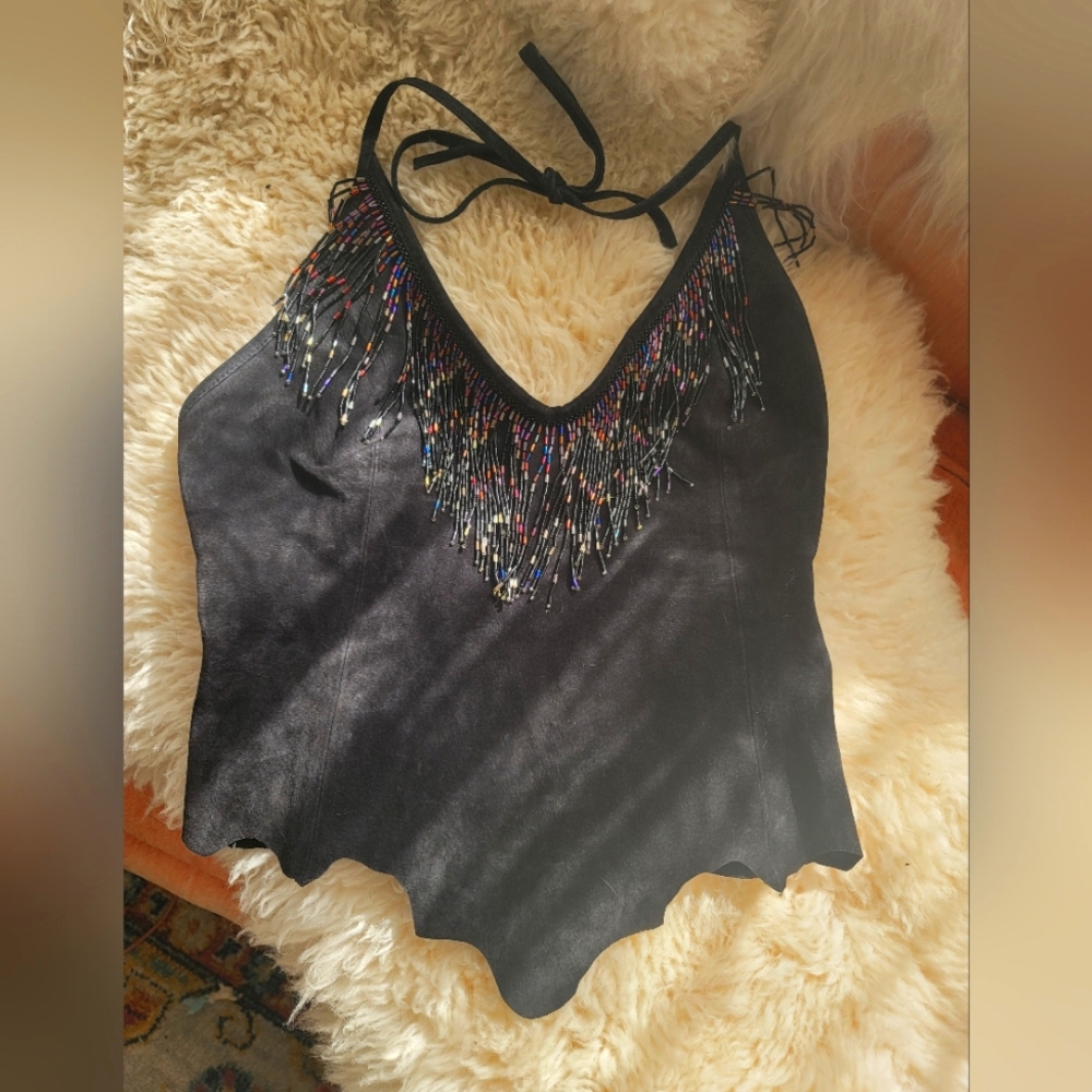 NWT Cripple Creek Beaded Leather Halter Top